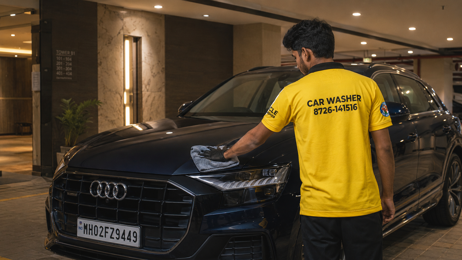 Uncle Car Washer cleaning a black Audi