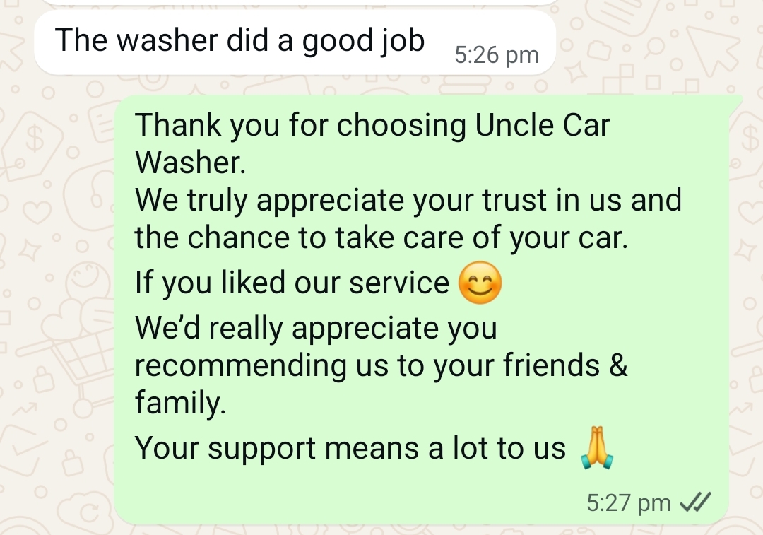 Uncle Car Washer WhatsApp customer review for doorstep car wash Mumbai