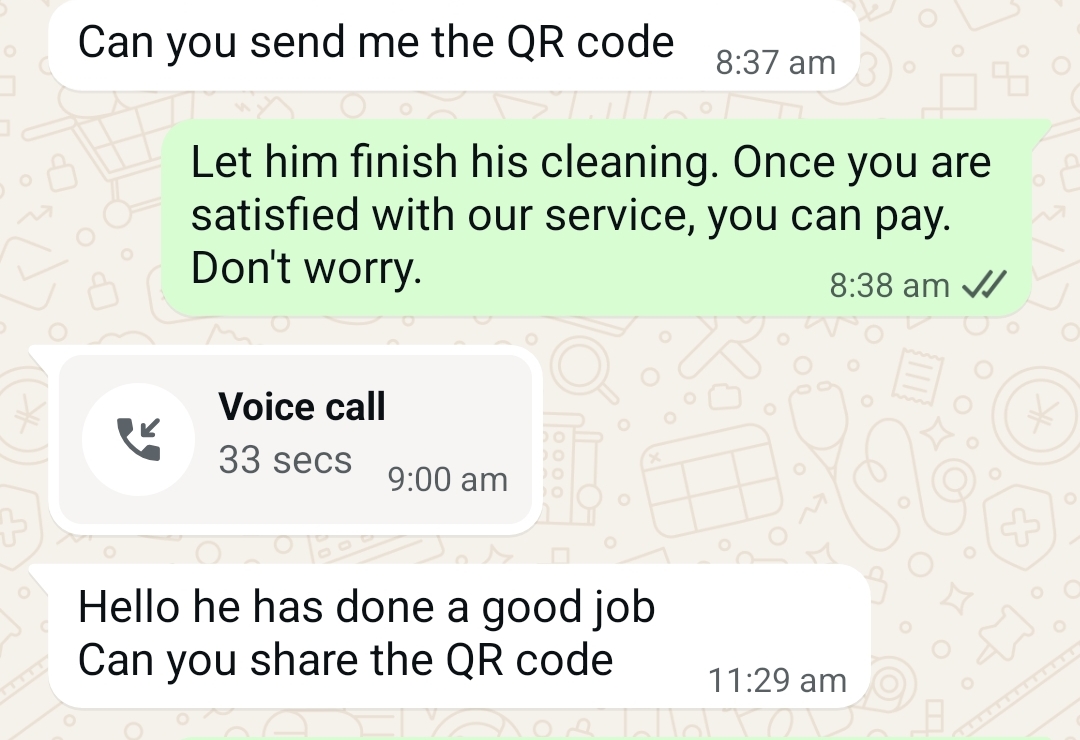Uncle Car Washer WhatsApp customer review for doorstep car wash Mumbai