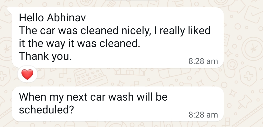 Uncle Car Washer WhatsApp customer review for doorstep car wash Mumbai